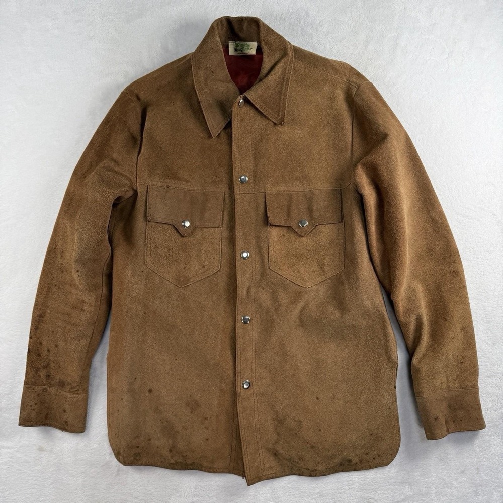 Vtg 70's Heavy Suede Western Trucker Jacket Mens 40 Snap Yoke Distressed Shacket